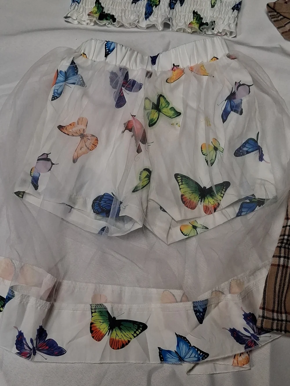 Girls 5T Brown Plaid & White Dress W/belt And 2 Pc White Butterfly Outfit.